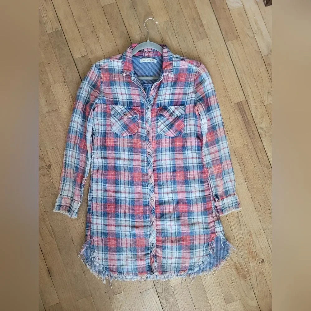 Michael Farrell Red, White and Blue Plaid Button Dress/Tunic, Distressed, Size S